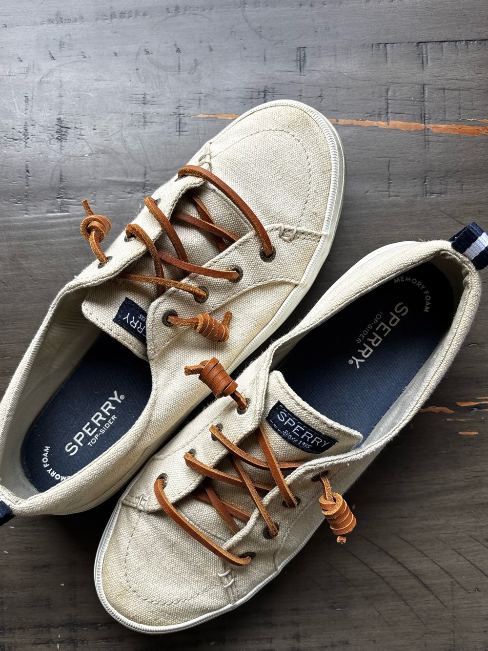 Sperry Beige Canvas Boat Shoes with Brown Leather Laces